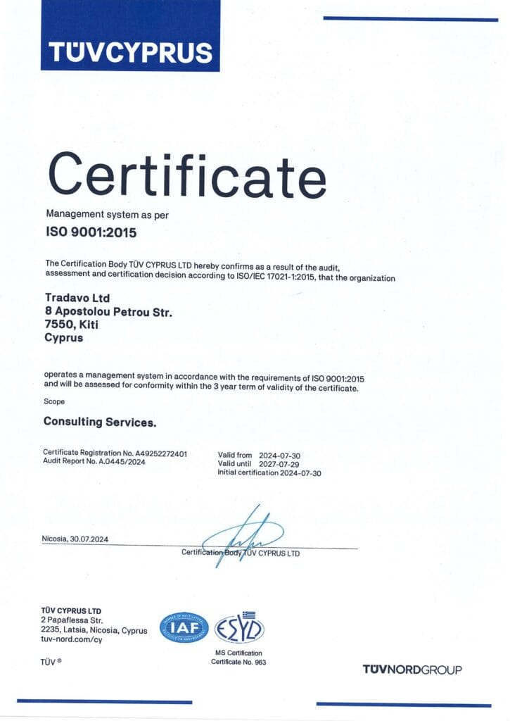 ISO 9001 Certificate Tradavo